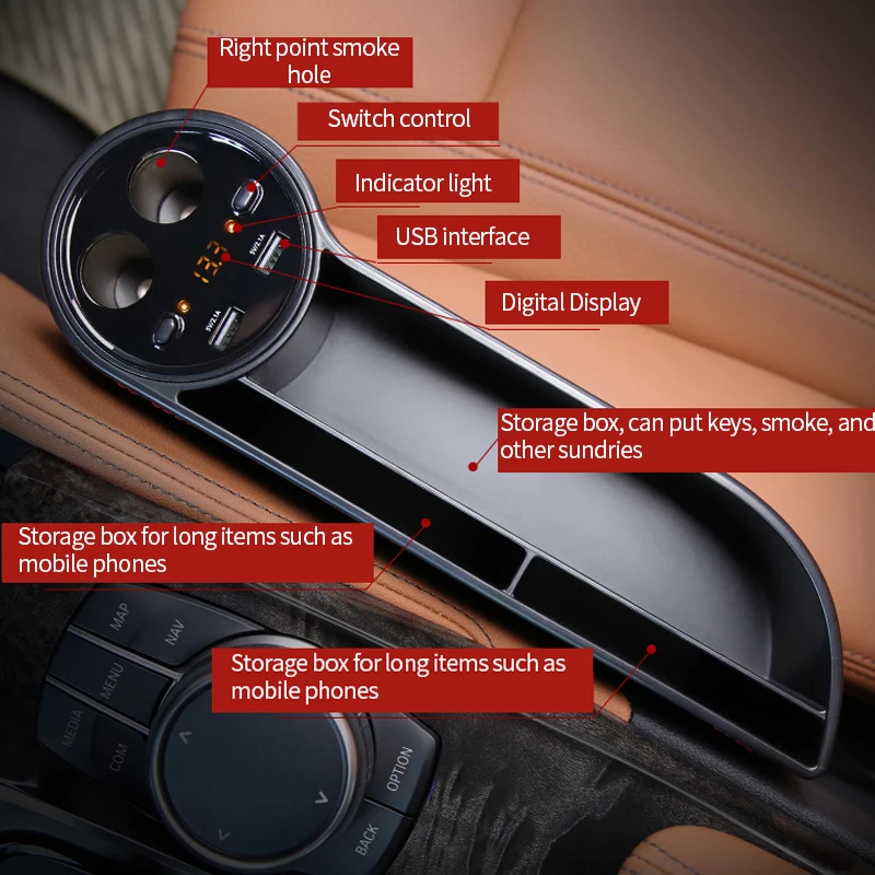Автомобильный органайзер коробка с двумя USB портами для зарядки и хранения