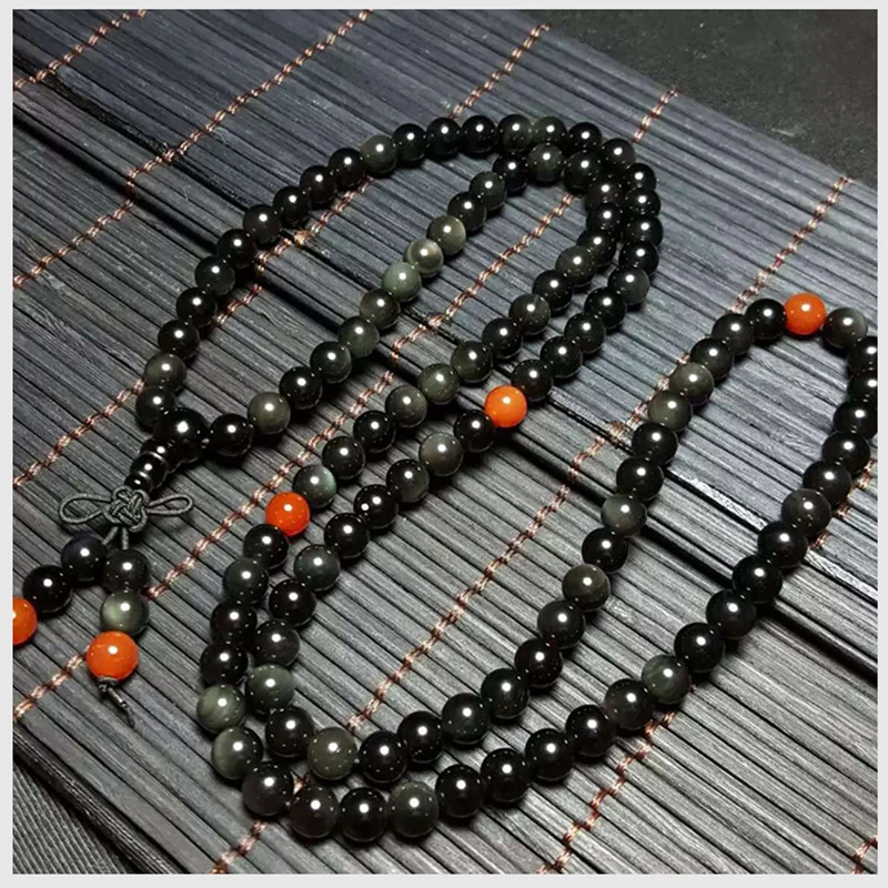 Черный обсидиан натуральный камень браслеты 108 Будда Бусы Ожерелье