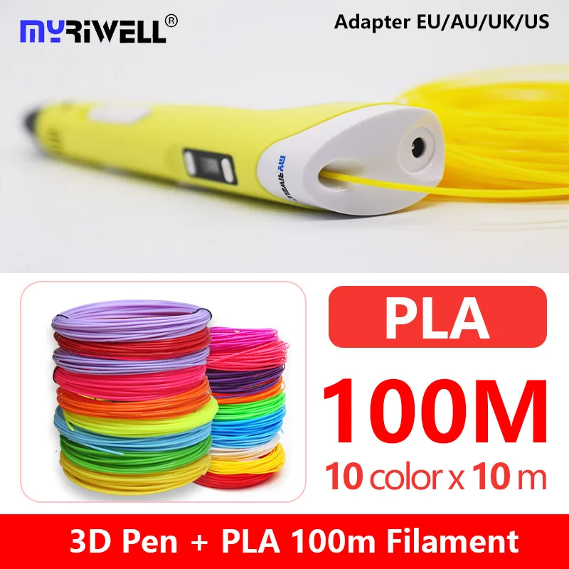 yellow PLA100m Myriwell RP-100B 3d Ручка с светодиодный дисплей pla 1,75 мм abs нити 3d ручка 3 d ручка с 100 м abs для детей подарок на день рождения - Цвет: yellow PLA100m