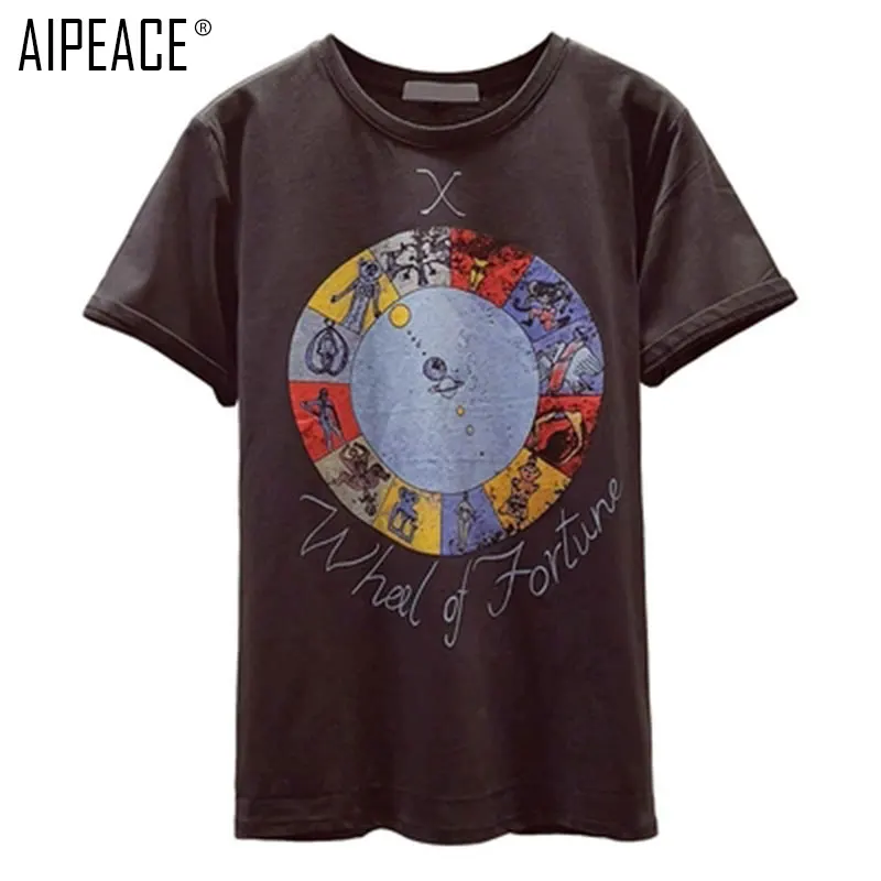 AIPEACE/Летняя модная женская футболка из чистого хлопка с круглым вырезом и принтом