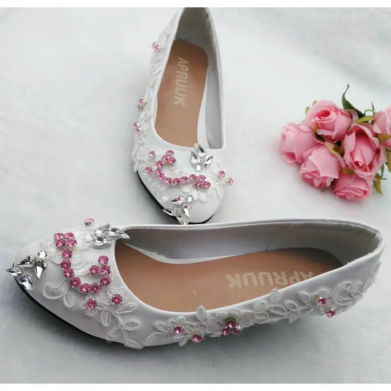 Pink crystal rhinestones wedding shoes bride white lace round toes small low heel lady female party proms dress | Обувь