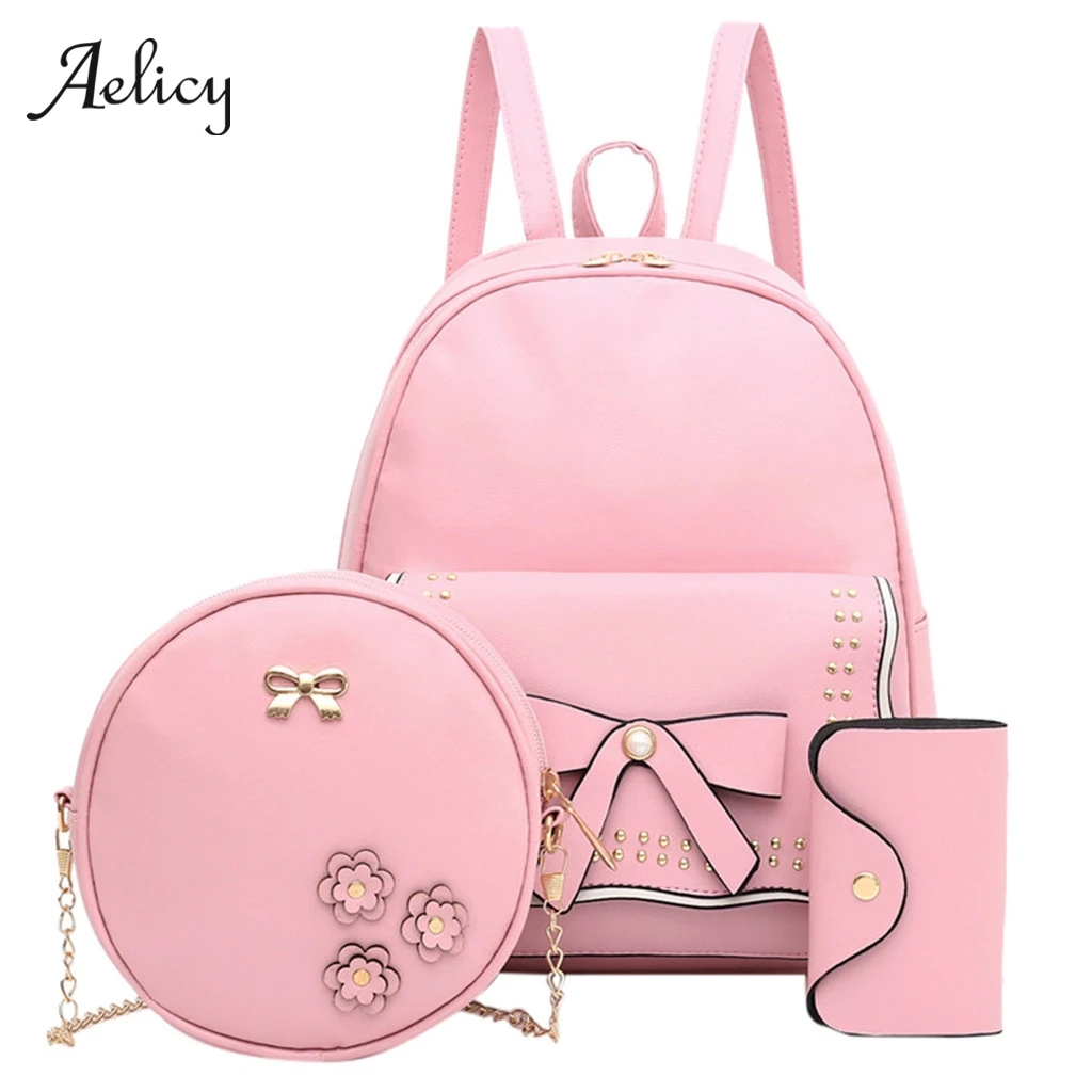Aelicy 3 шт./компл. Ленточки с бантом из искусственной кожи Для женщин рюкзаки милые школьные рюкзаки для девочек-подростков, женский рюкзак