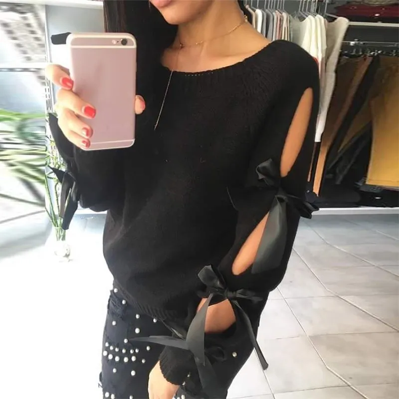 2018 Autumn Top Women Bow Hollow Out Sweater Long Sleeve Knitted Pullover Lace Up Sweaters Pullovers O Neck Casual | Женская одежда