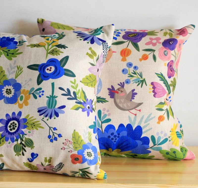 Оптовая продажа льняная наволочка для подушки цветочный рисунок птицы лимон