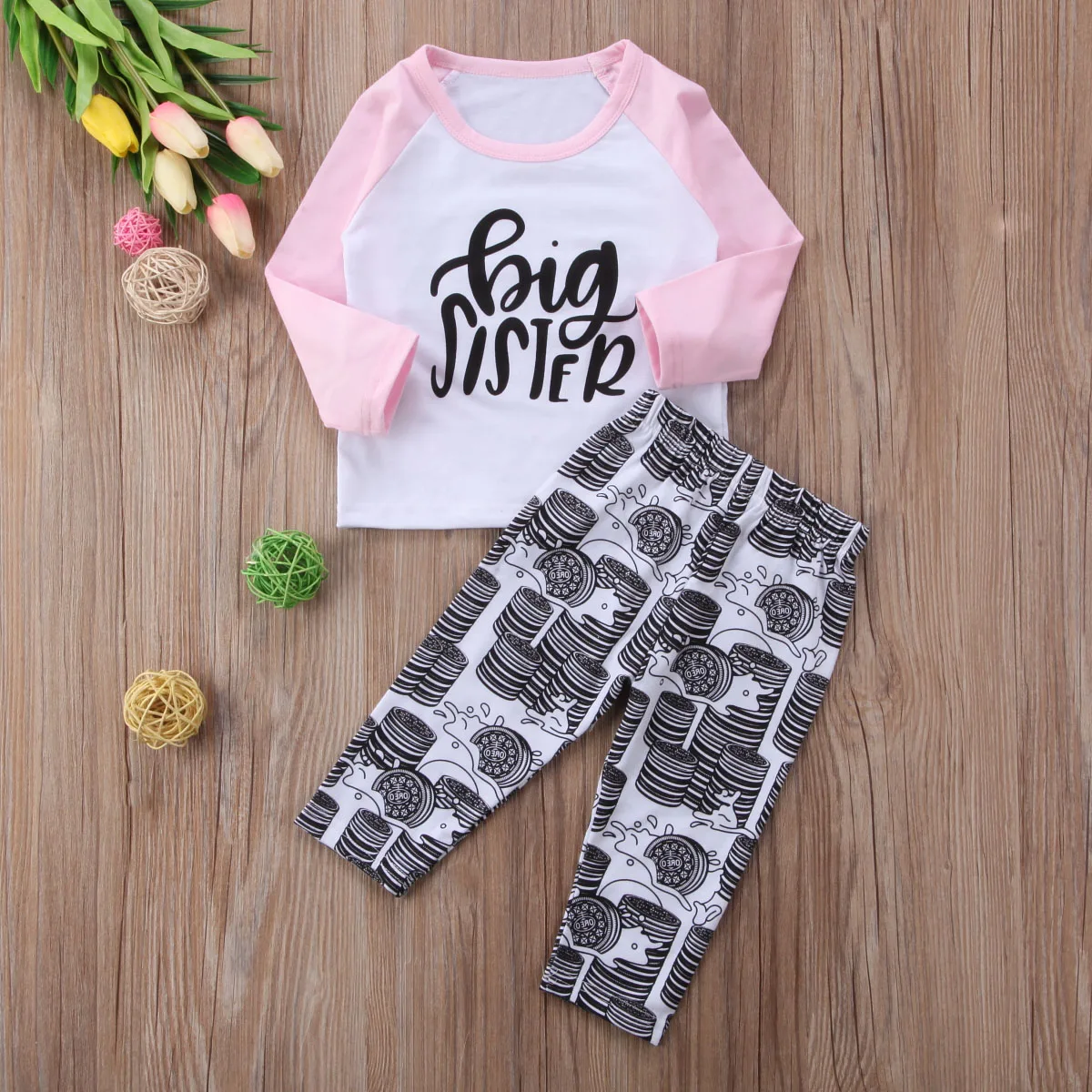 2018 Toddler Baby Girls Long Sleeve Big Sister Pink T-shirt + Pants Leggings Outfits 2PCS Clothes Set | Детская одежда и обувь