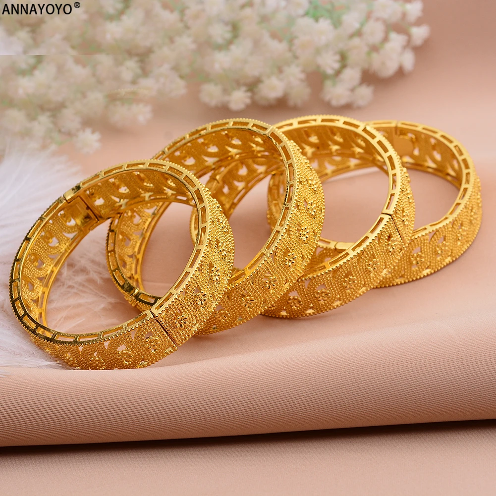 Annayoyo Middle East Arab Dubai Bangle Bracelet for Women African Gold Color Jewelry Trendy Gifts(4PCS/LOT