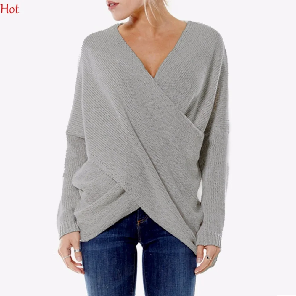 Hot Euro Fashion Womens V Neck Sweater Irregular Autumn Winter Long Sleeve Cross Wrap Knitted Pullover Sweaters Gray SVH031397 | Женская