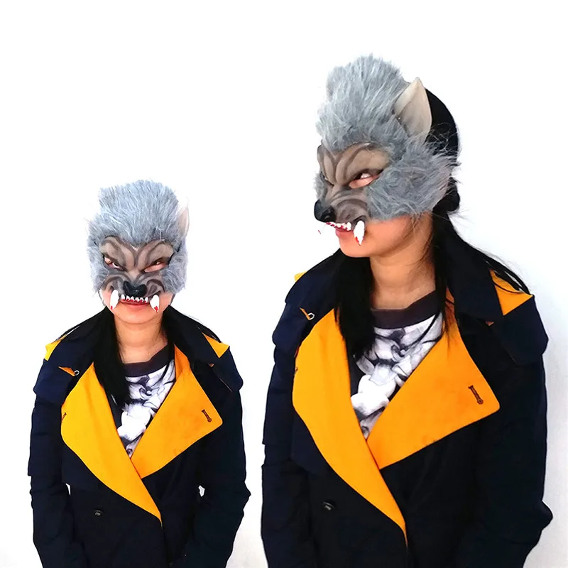 Латекс смешной жуткий пугающий животное Хэллоуин волк маска с волосами косплей