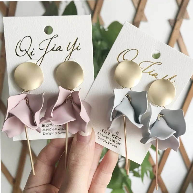 Новые корейские милые большие длинные массивные лепестки цветочные серьги в