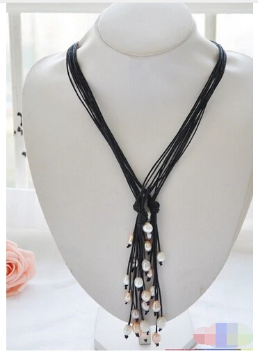 p3383 Wholesale 20&quot white pink rice pearl black leather necklace 3Pcs&gtLovely Women's Wedding Jewelry Pretty | Украшения и