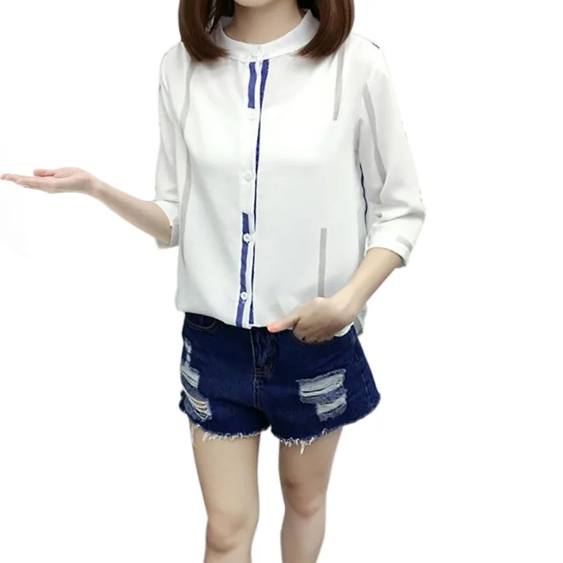 Белая блузка с воротником стойкой женская элегантная офисная деловая рубашка