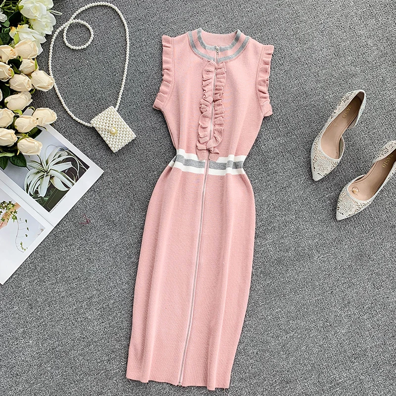 ALPHALMODA 2019 Ретро вязаное платье с плиссированной отделкой на молнии без рукавов