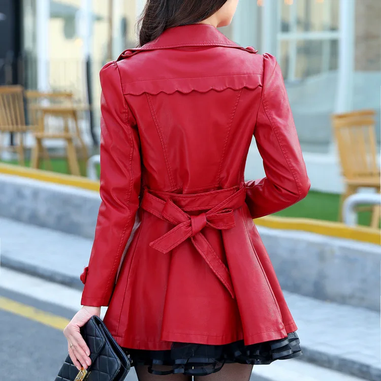 Spring and autumn new PU leather lace stitching large size slim slimming high quality pu skirt swing windbreaker jacket | Женская одежда