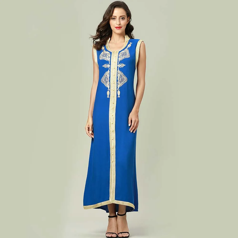 Blue Women islamic clothing Maxi sleeveless long Dress moroccan Kaftan embroidery dress vintage abaya Muslim Robes gown hijab style - Color: Blue