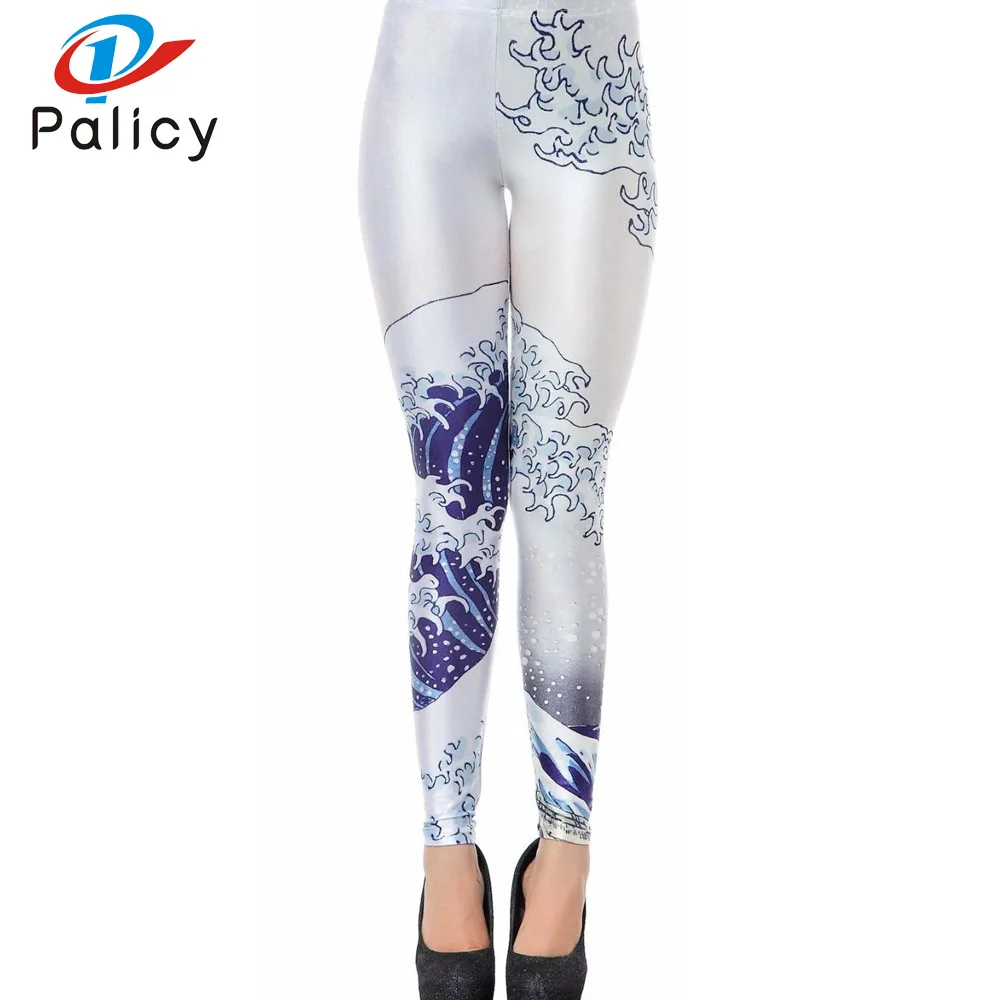 Palicy New Thin Fitness Fashion 3D Print Leggings White Waves Women Mid Waist Breathable Trouser Slim Pants Stretch Casual