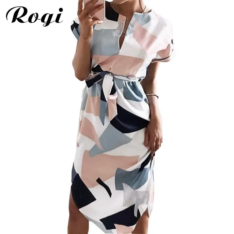 Rogi летняя пляжная одежда женщина 2019 богемский с принтом короткий рукав