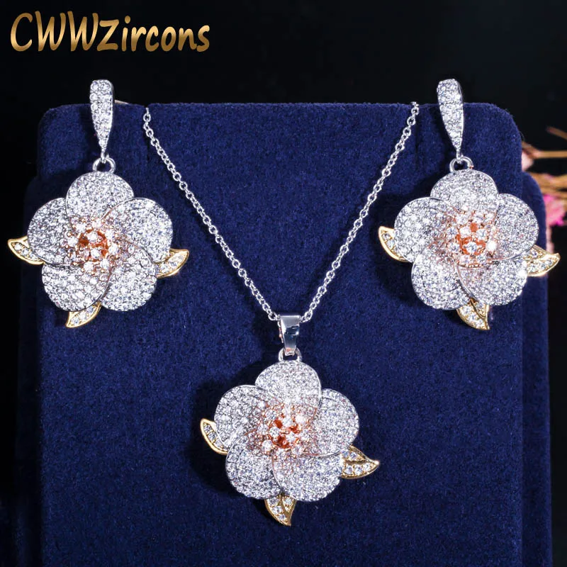 set CWWZircons 3 тон серебро розовое золото полный микро проложить кубический цирконий дамы цветок кулон ожерелье и серьги Ювелирные наборы T063 - Окраска металла: set