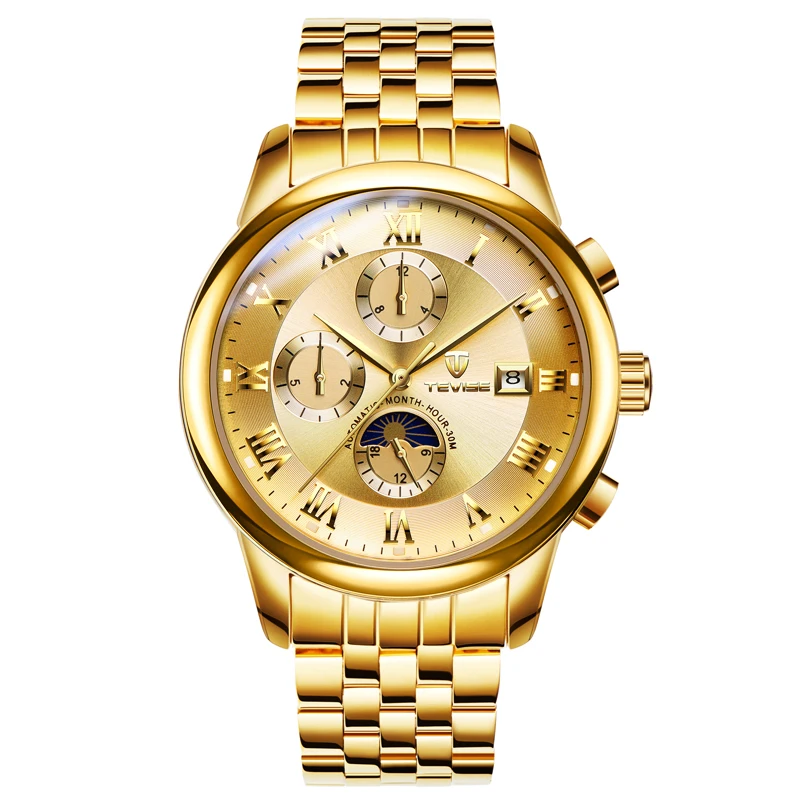 

Tevise Top Brand Mens Watches Automatic Full Steel Mechanical Watch Moon Phase Waterproof Luminous Date Men Boy Wristwatches