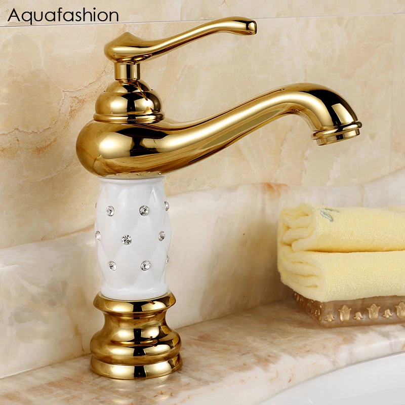 

Soild Copper Gold Finish Bathroom Faucet Luxury Golden Basin Tap Single Handle Deck Mount