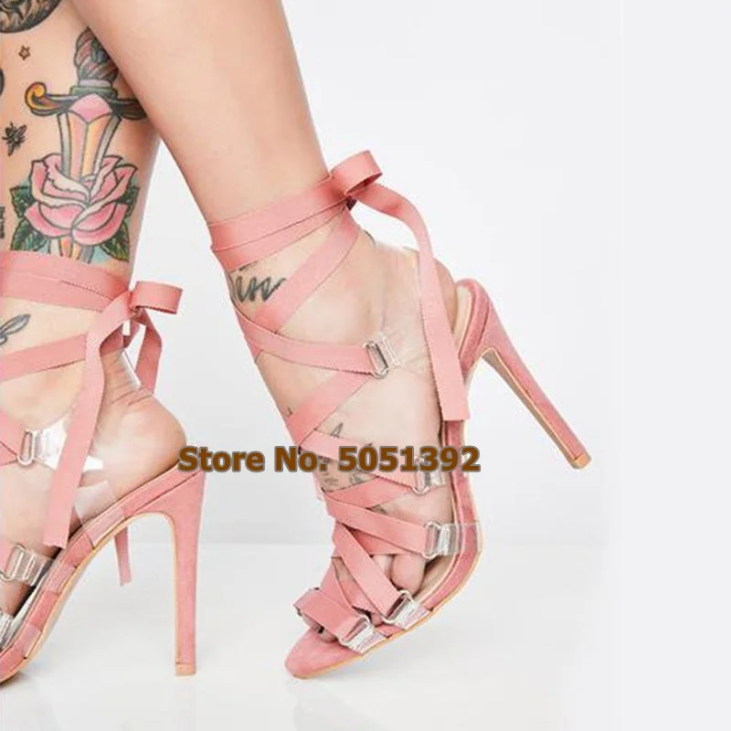 Beli Tinggi Tumit Musim Panas Terbuka Toe Stiletto PVC Renda Tali Sepatu Wanita Seksi Manis Cross Diikat Sandal Fashion Ukuran Besar
