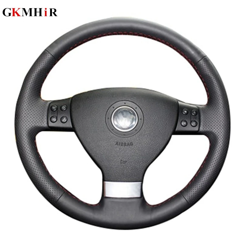 GKMHiR Leather Hand-Stitched Black Car Steering Wheel Cover for Volkswagen Passat B6 Golf 5 Mk5 VW Jetta 5 Mk5 Tiguan 2007-2011