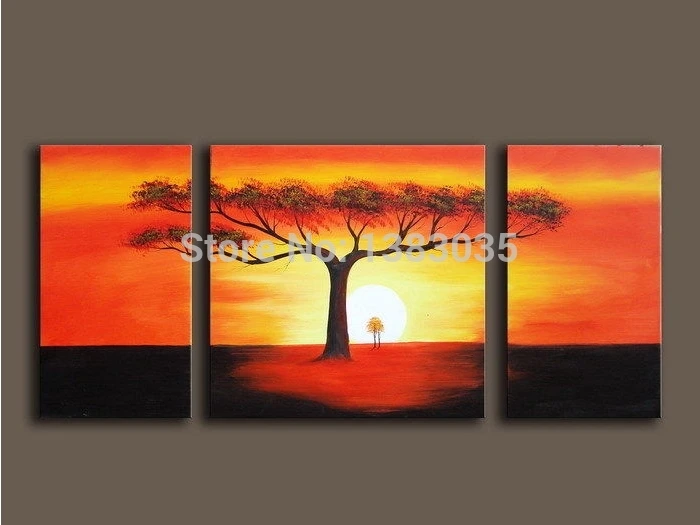 

Handmade Modern Abstract Oil Painting For Living Room 3 Panel Wall Art Sunset Tree Canvas Landscape Pictures Set