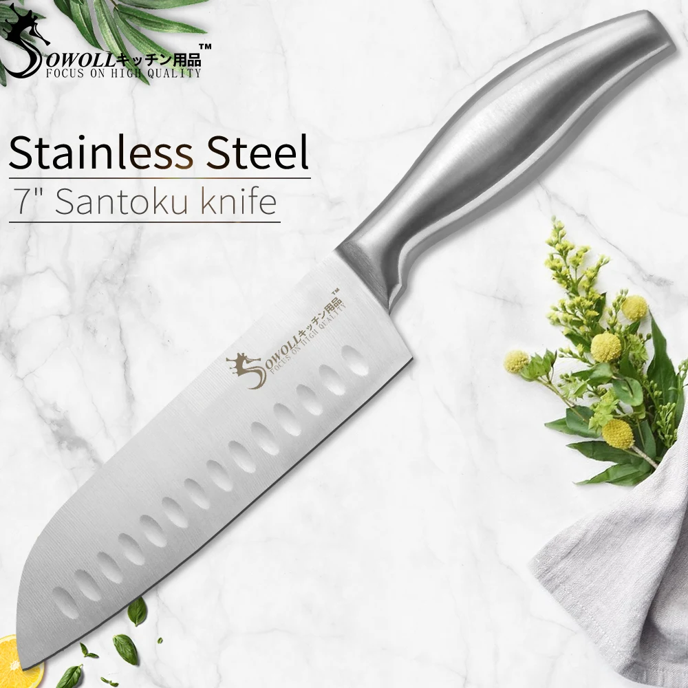 SOWOLL кухонный нож фруктовый Santoku шеф повара острый из нержавеющей стали с полой