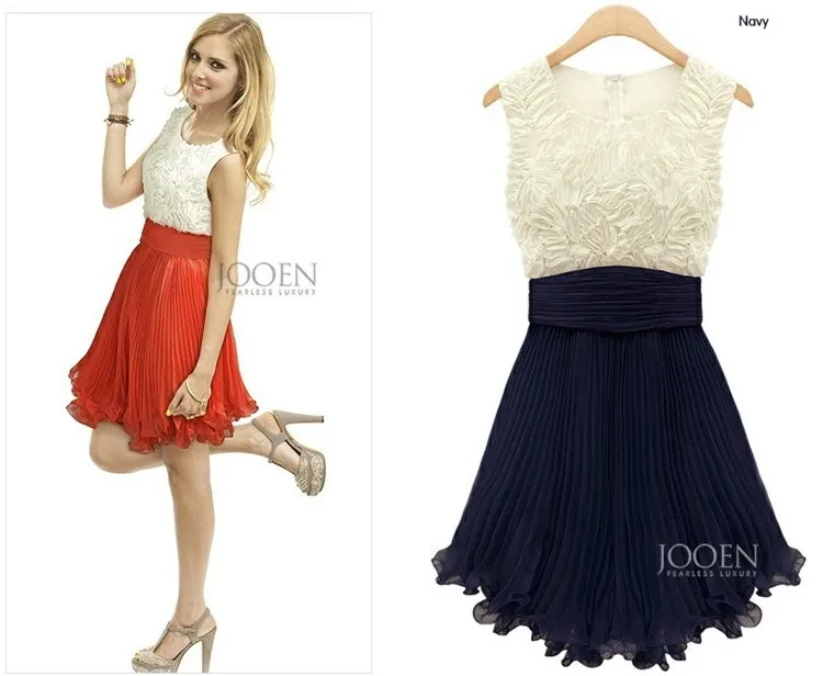 Free shipping the new 2013 embroidered chiffon color matching round collar sleeveless dress 2 colors|chiffon bridemaid dress|chiffon yellow