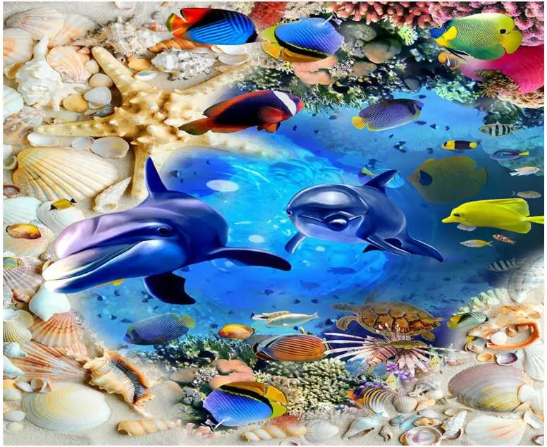 

Custom photo 3d pvc flooring self adhesion wall paper sticker Dolphins and sharks shell bedroom painting wallpaper for walls 3 d