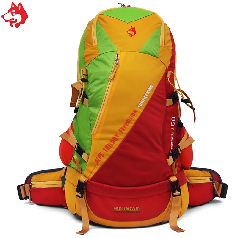 50L Hot Sale Yellow/Brown/Blue Waterproof Multifunctional Camping Backpack bag with Splicing color hiking backpack