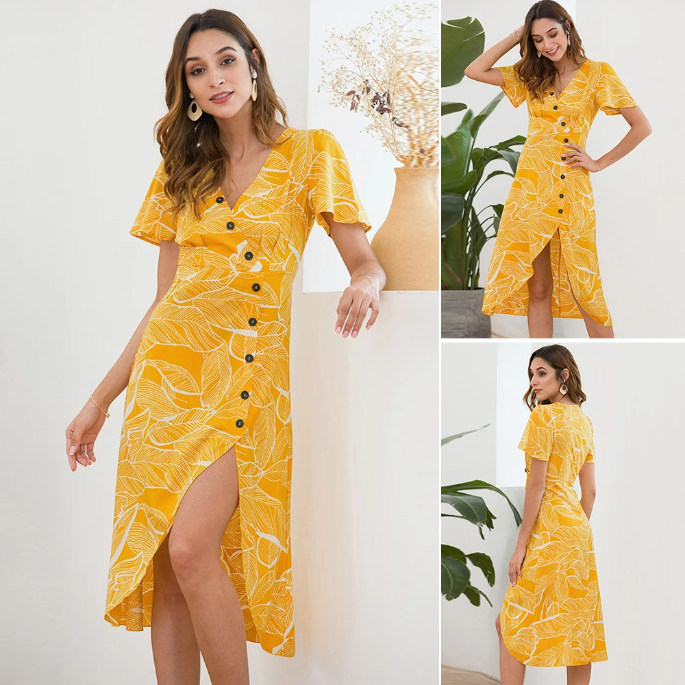 2019 Sundress Ladies Holiday Summer Dress V Neck Casual Short Sleeves Beach Buttons Slim Dresses | Женская одежда