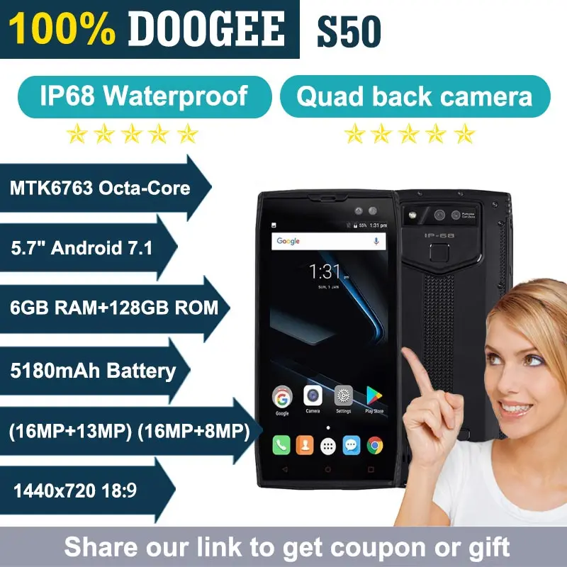 Оригинал DOOGEE S50 IP68 Водонепроницаемый смартфон 5 7 'ཎ:9 MTK6763 Восьмиядерный 6G + 128 GB
