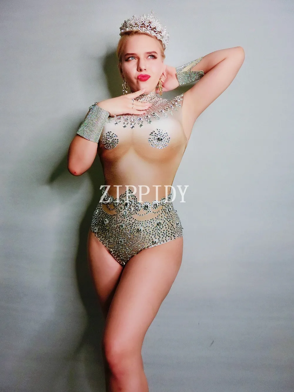 Sparkly Stretch Nude Crystals Leotard Sexy Stage Dance Costume Female Singer Bling Tassels Leotard Performance Dance Wear