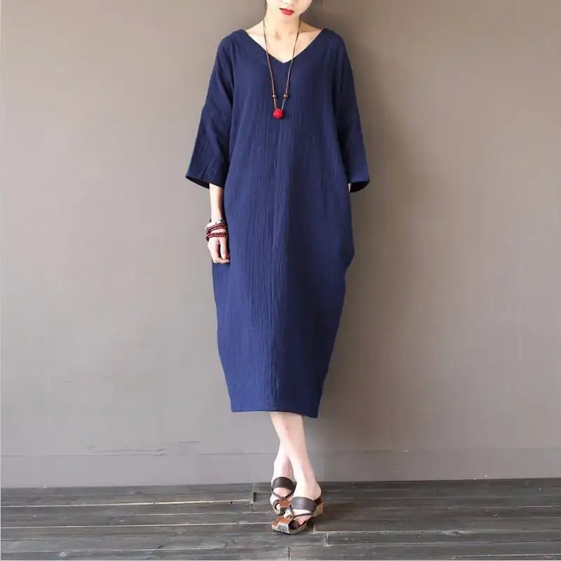 Женское свободное платье из хлопка и льна длинное винтажное большого размера с