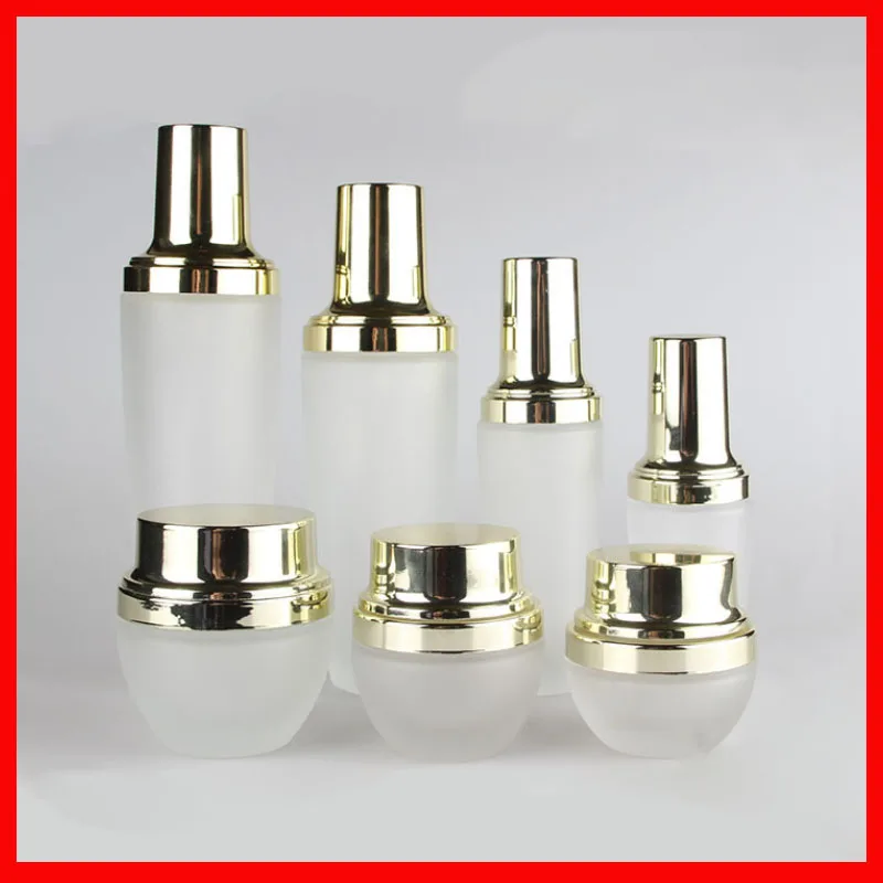 20/30/50/100/120ML frosted Empty glass bottle/jar lotion pump Cosmetic Packing w gold cap Refillable  Bottles