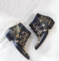 2022 susanna studded leather ankle boots women round toe rivet flower martin boots women luxury velvet boots zapatos mujer