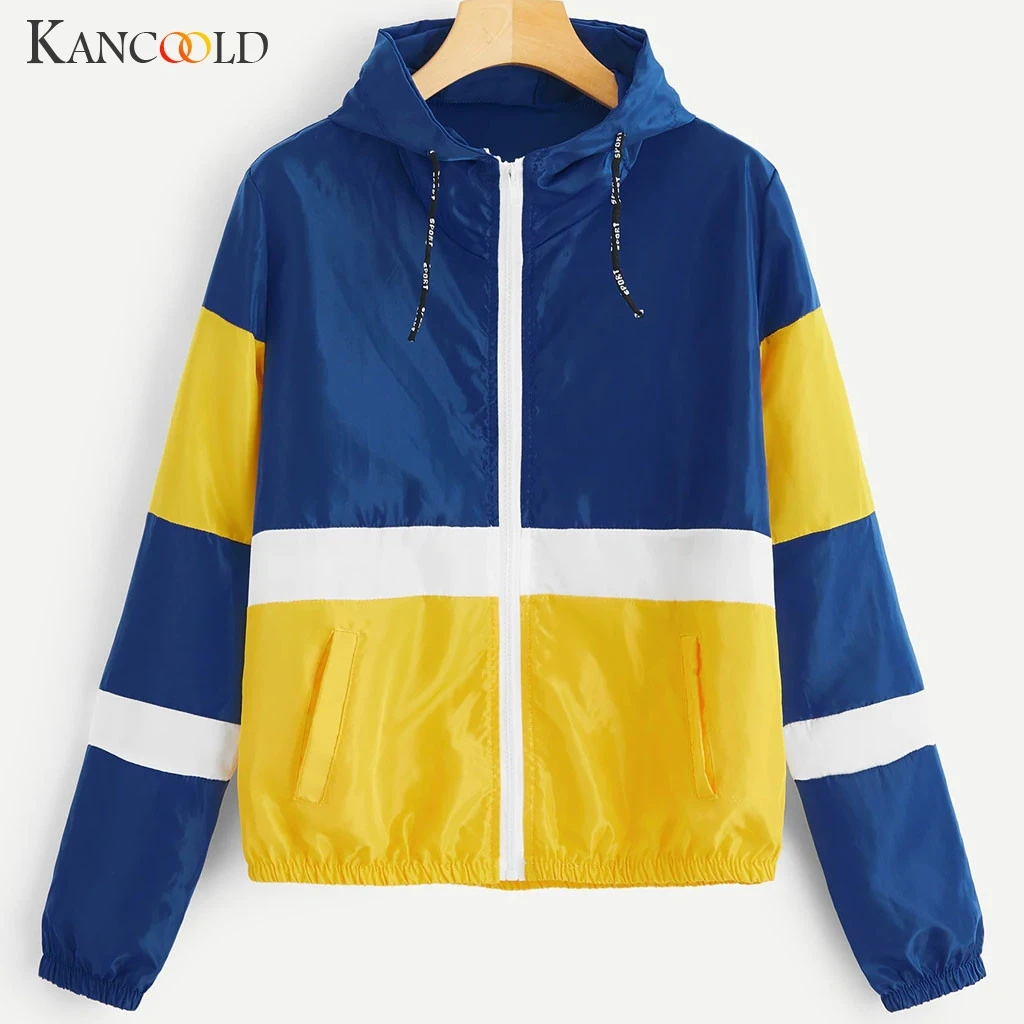 

KANCOOLD coats Women Long Sleeve Patchwork Thin Skinsuits Hooded Sport Coat Zipper Pockets new woman coats and jackets 2019JUL19