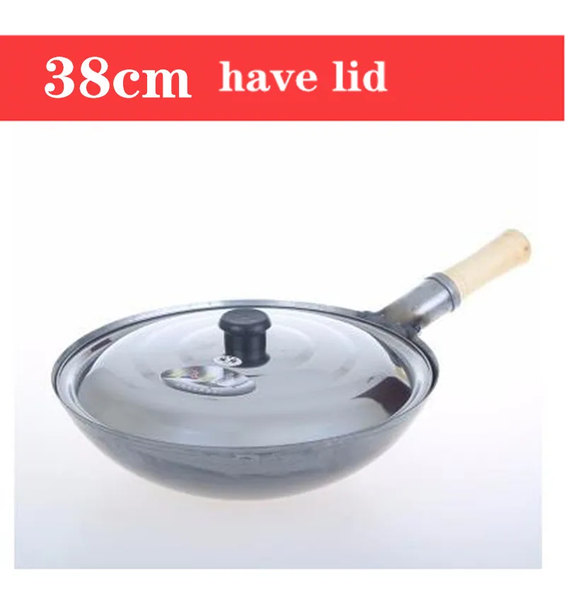 have lid 38cm Китайский стиль, традиционная железная кастрюля ручной работы, утолщенная, не покрытая, с круглым дном, сковорода wok cook, большая кастрюля для приготовления пищи, с деревянной ручкой, крышка/5 - Цвет: have lid 38cm