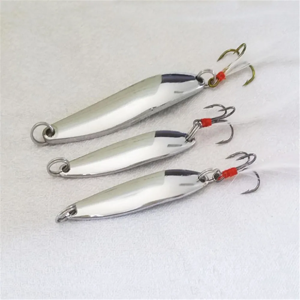 

1pcs Metal Sequins Fishing Bait 5g/7g/10g/18g/21g Sliver Spoon Spinner Hard Bait Treble Hook with Feather Fishing Tackle