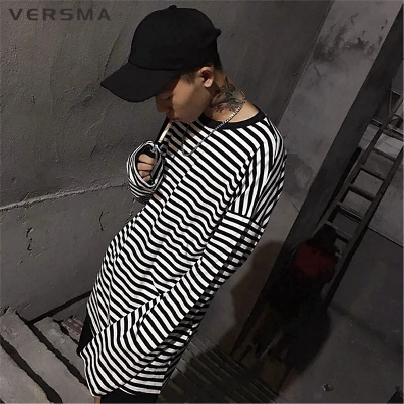 VERSMA корейский Ulzzang Harajuku GD черно-белая полосатая футболка для мужчин и женщин унисекс свободная негабаритная футболка с очень длинным рукавом для пары