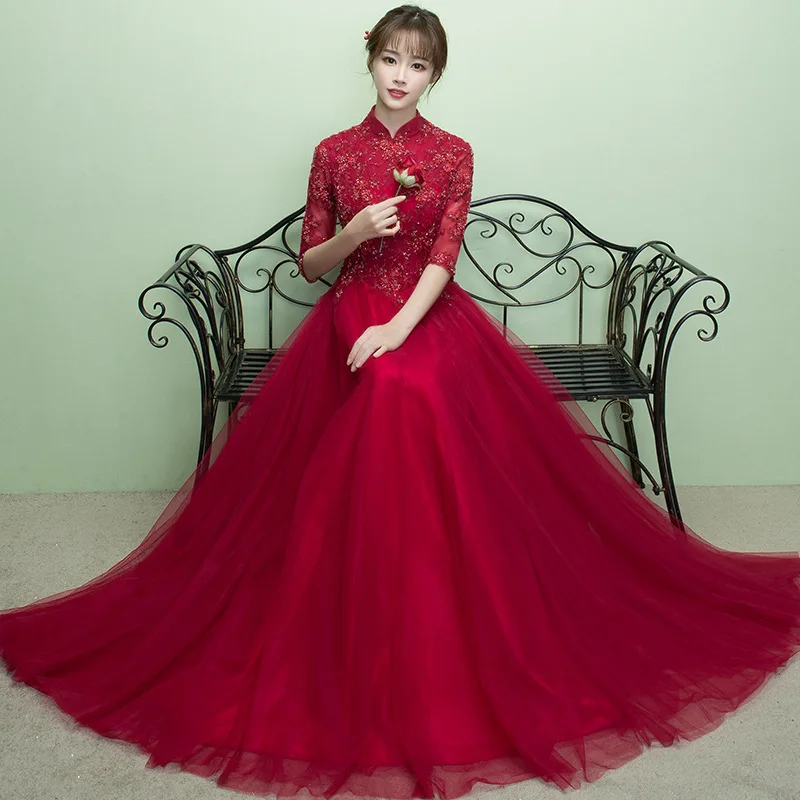 Bridesmaid Girls Wine Red Princess Prom Dress Elegant Women Wedding Qipao Retro Dressing Gown Chinese Tradition Evening Dresses |