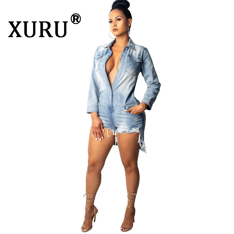 

XURU autumn new women's hot denim jumpsuit sexy jeans slim casual jumpsuit