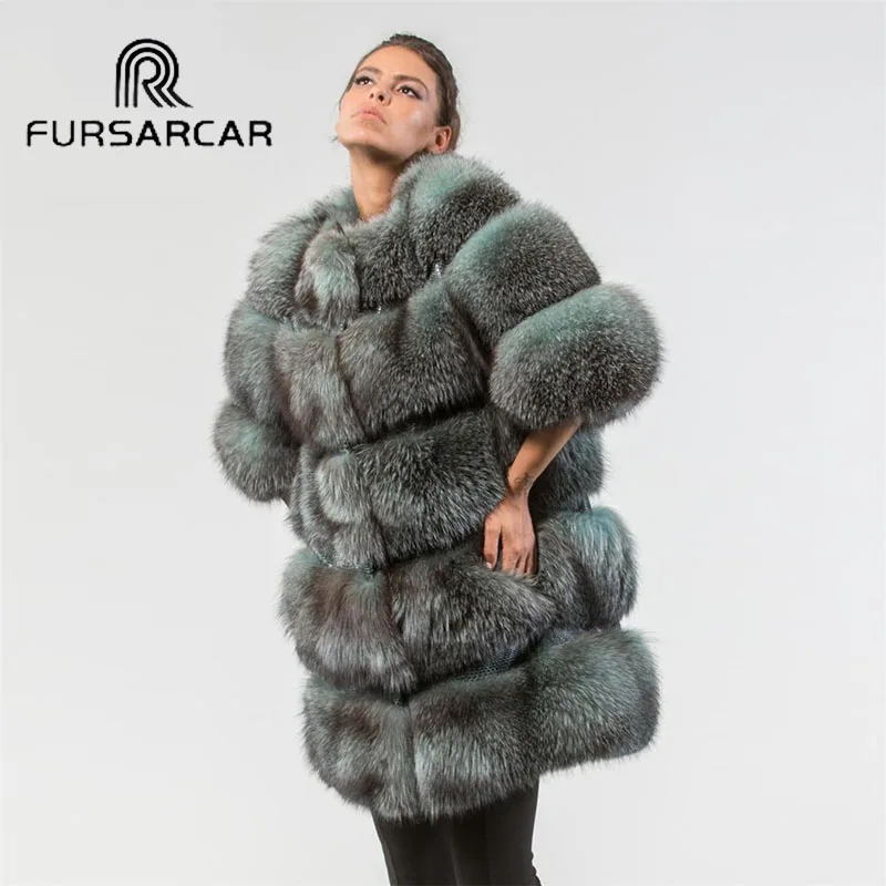 Женское пальто из натурального Лисьего меха FURSARCAR зимняя куртка с круглым