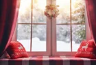 Фон для фотосъемки Рождественская декорация окно Зимний Лес Снег красный Фотофон