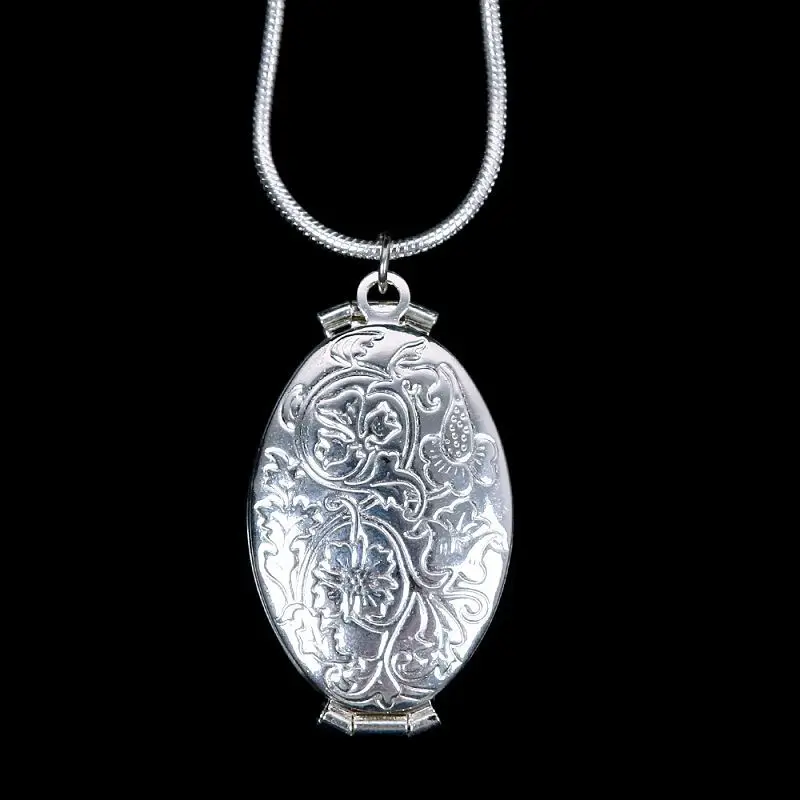 Старинный посеребренный цветок Выгравированный Овальный кулон с фото Шарм