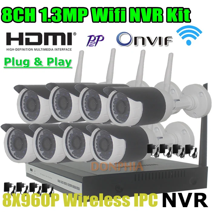 8-канальный HD Беспроводной Nvr Комплекты Водонепроницаемый 960 P Wifi Ip-пуля камера