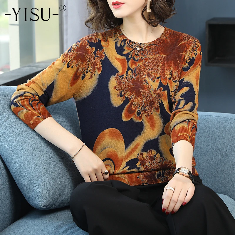 YISU Sweaters Women 2019 Spring Autumn Oil painting style printing Long Sleeves Fashion Pullovers soft | Женская одежда