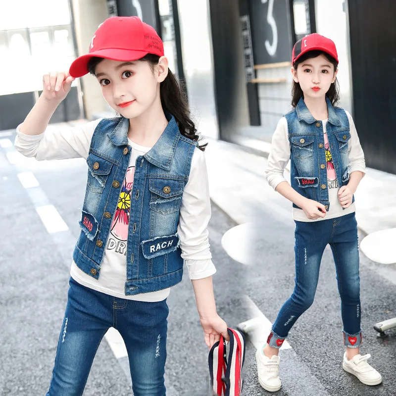 Girls Casual Cartoon Denim Vests Waistcoats Autumn Children Printed Fashion Vest Girl Jeans Outdoor Waistcoat