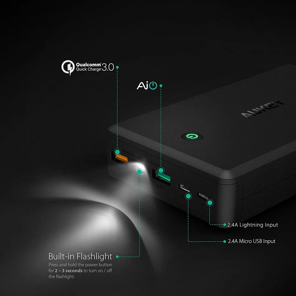 AUKEY Мощность банка для молнии и mi cro Вход 30000 мАч Quick Charge 3 0 сяо телефон Dual Usb внешний