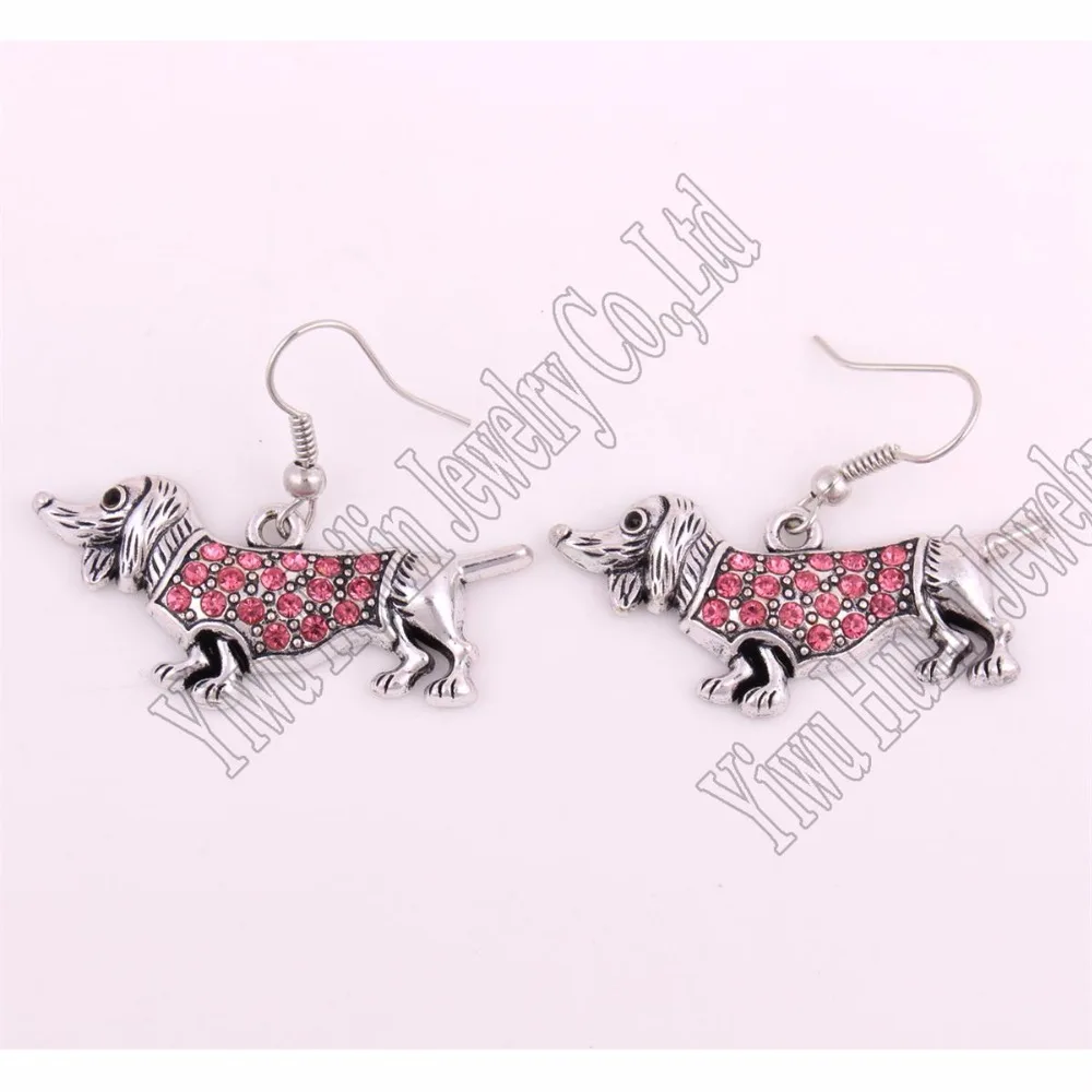 Серьги с кристаллами покрытые родием Такса симпатичная подвеска в виде собаки |